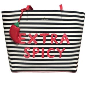 Kate Spade Extra Spicy-Little Len Chili Striped Tote Bag w/Red Hot Liner,Hangtag